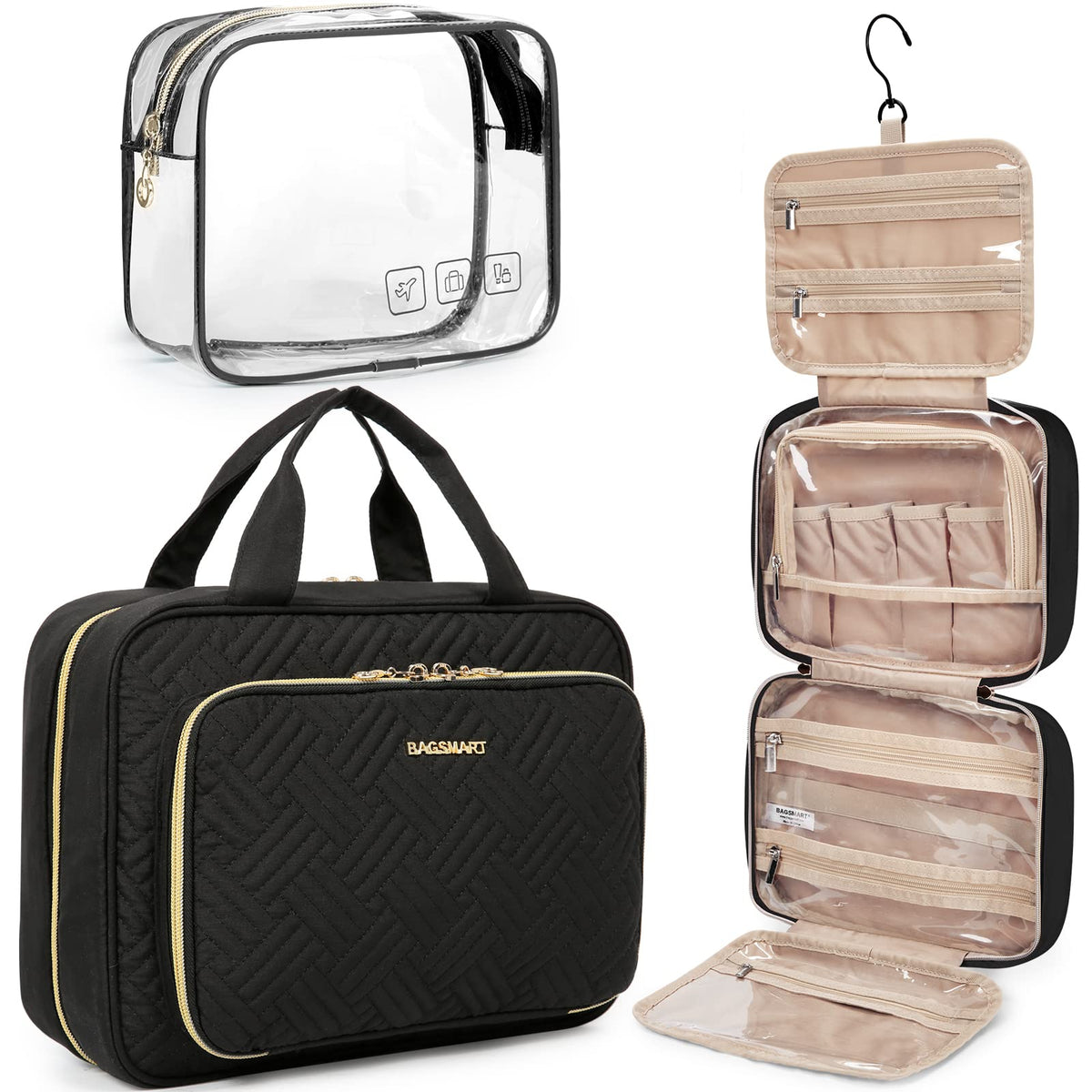 BAGSMART Toiletry Bag hanging open showing compartments and TSA bag