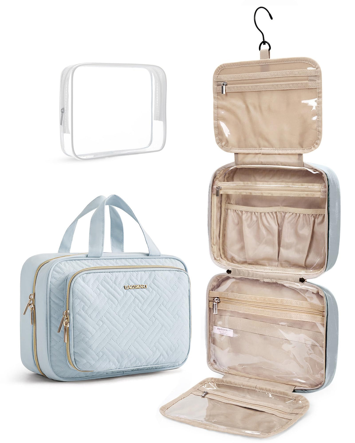BAGSMART Toiletry Bag hanging open with toiletries inside
