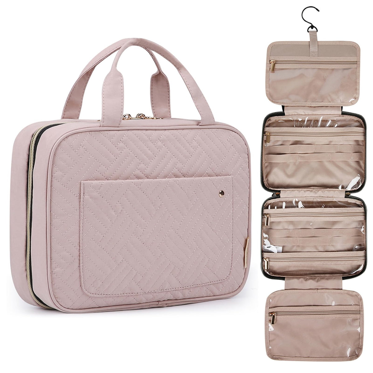 BAGSMART Toiletry Bag in baby pink front view with hanging hook
