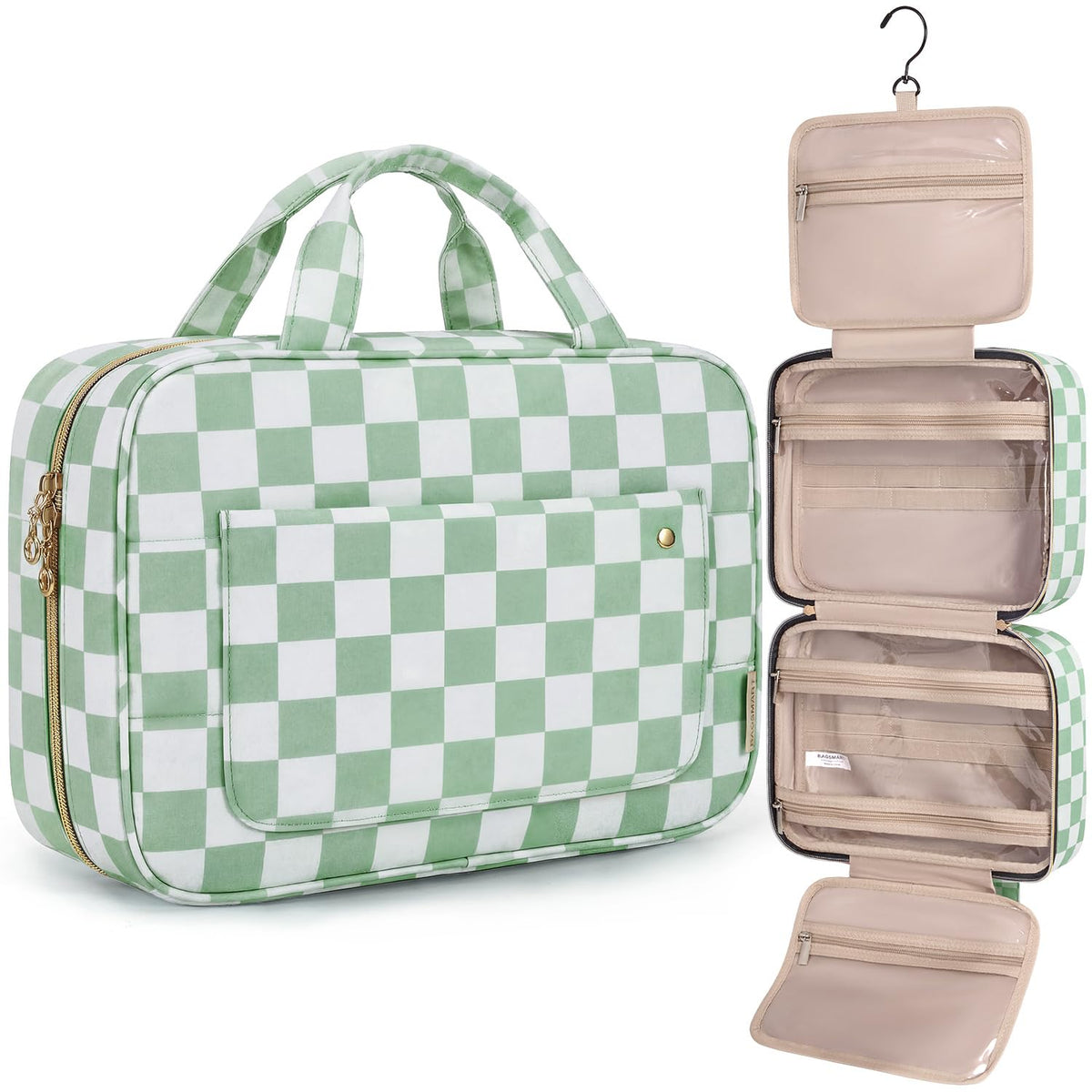 BAGSMART Toiletry Bag in green checkerboard pattern front view
