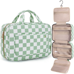 BAGSMART Toiletry Bag in green checkerboard pattern front view