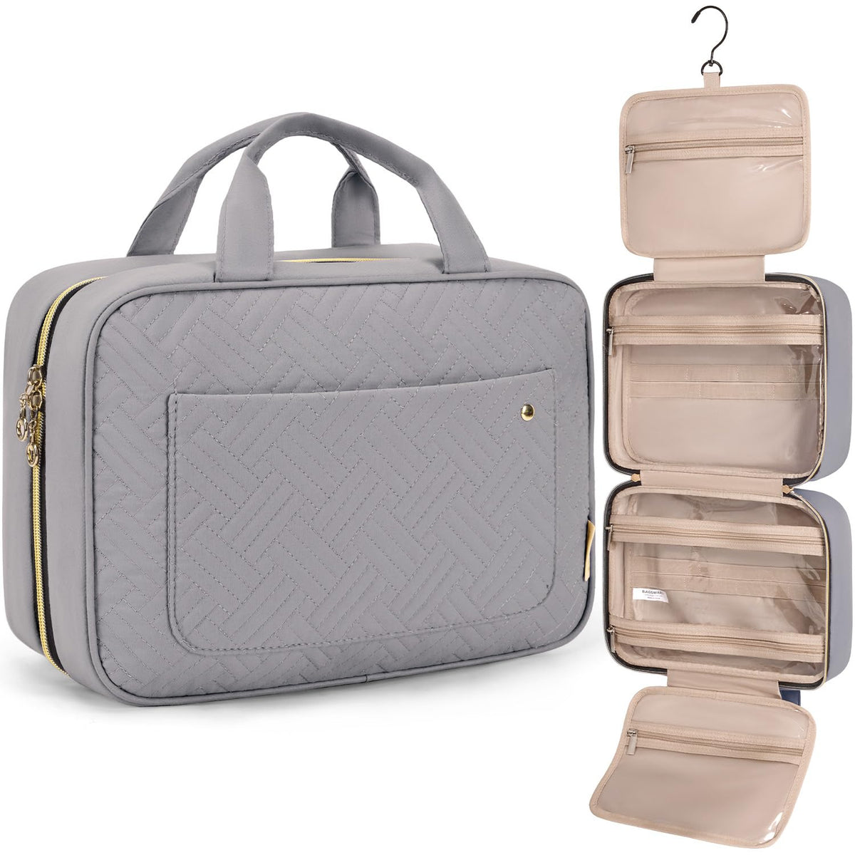 BAGSMART Toiletry Bag in grey, front view with compartments open