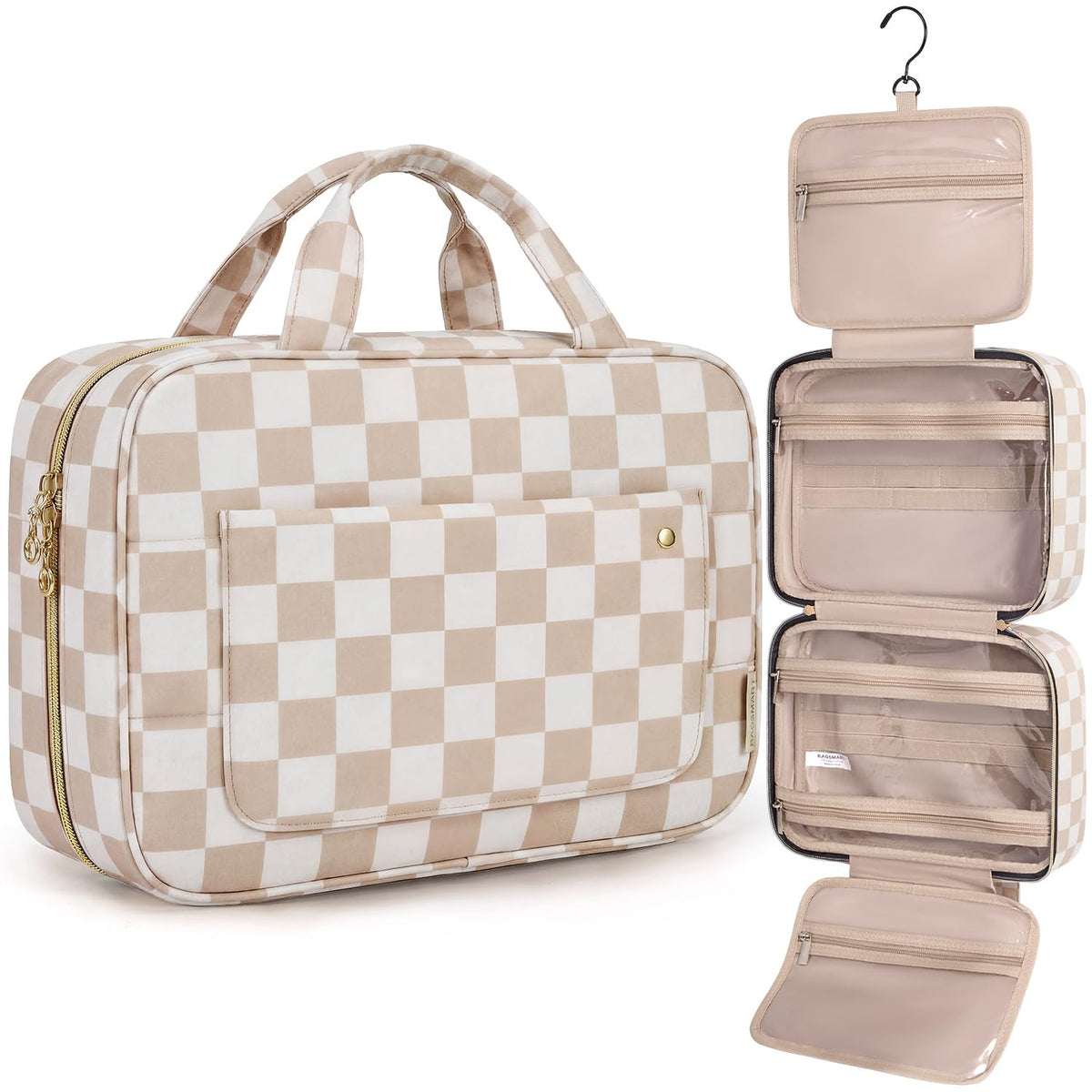 BAGSMART Toiletry Bag in khaki checkerboard pattern front view