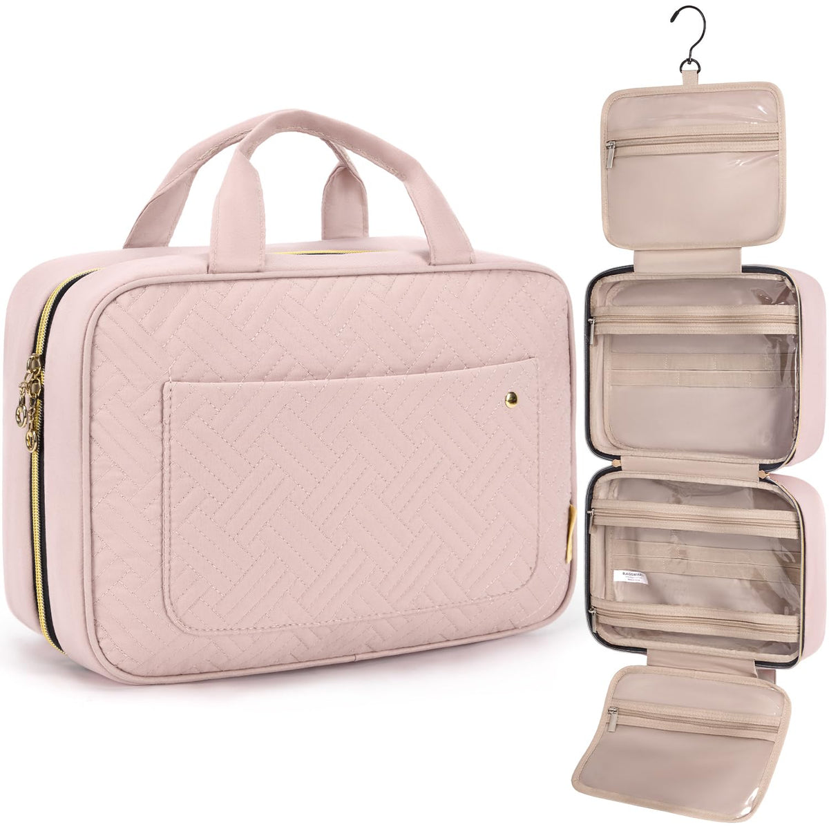 BAGSMART Toiletry Bag light pink front view with compartments