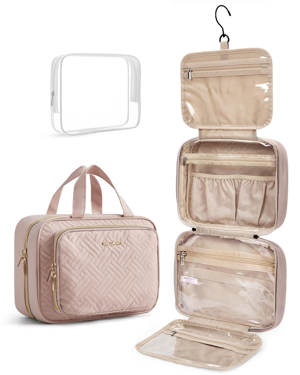BAGSMART Toiletry Bag Medium Pink front view with open compartments