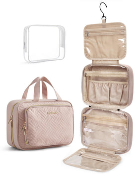 BAGSMART Toiletry Bag Medium Pink front view with open compartments