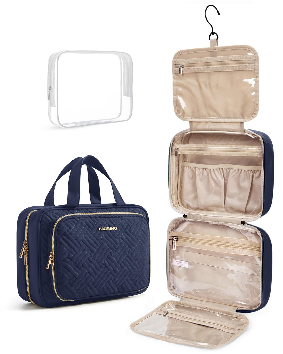BAGSMART Toiletry Bag navy model front view with compartments