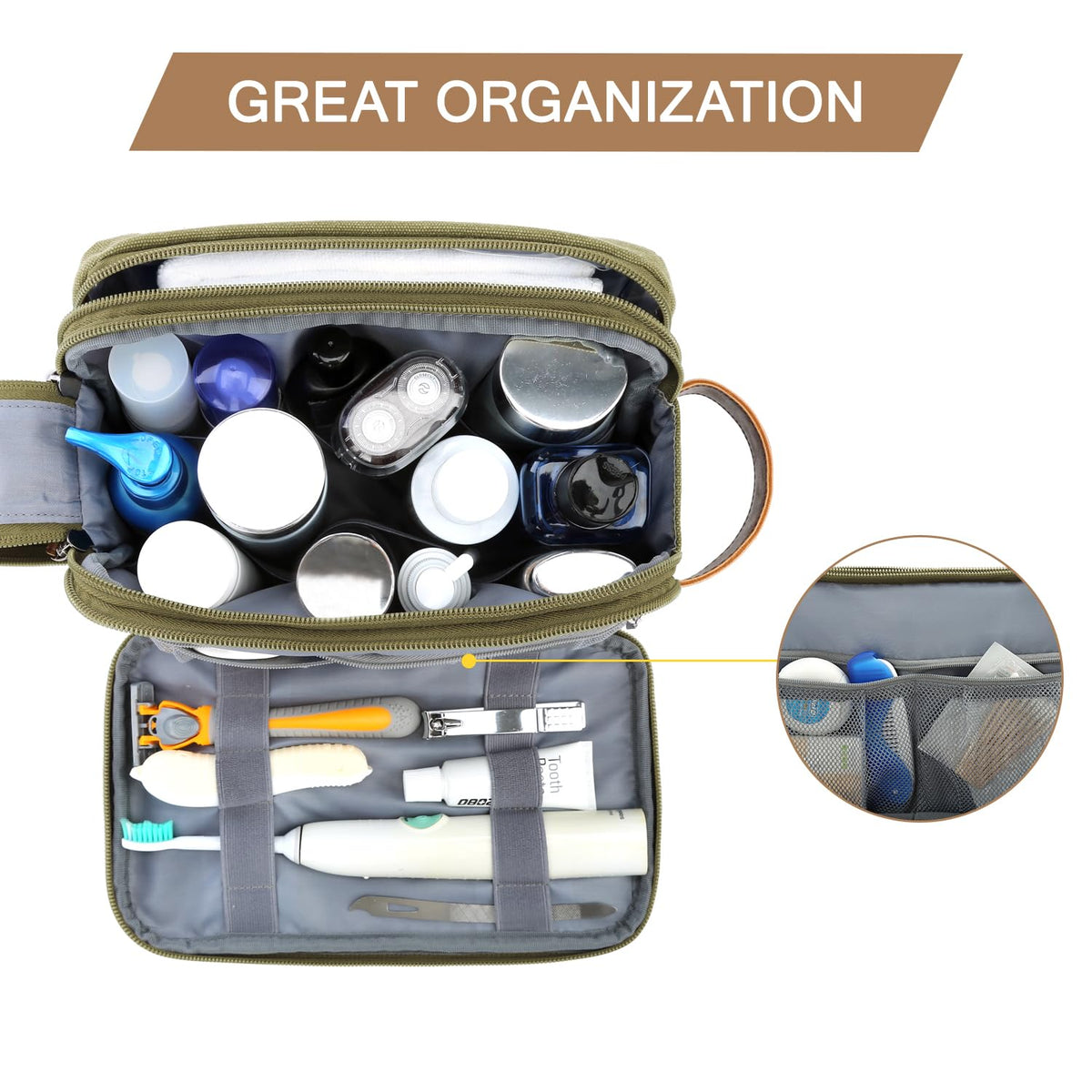BAGSMART Toiletry Bag showing two-sided zipper pockets