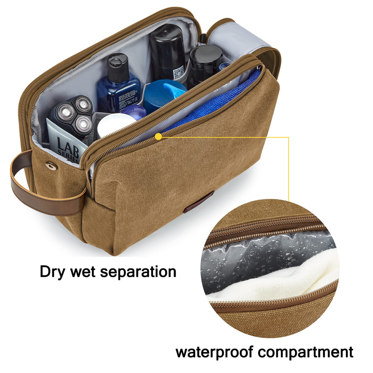 BAGSMART Toiletry Bag side view with leather handle