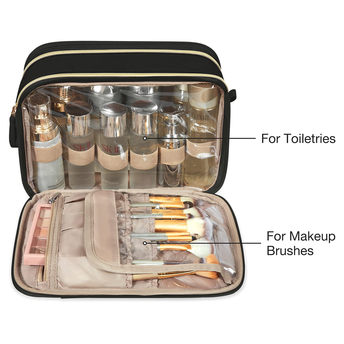 BAGSMART Toiletry Bag side view with makeup brushes