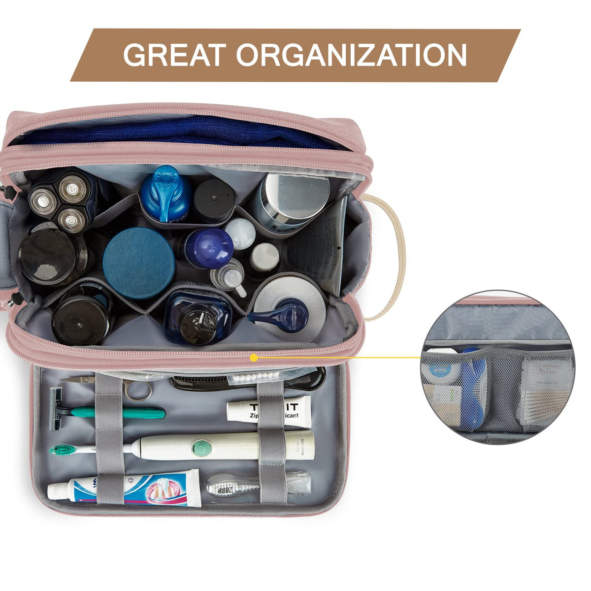BAGSMART Toiletry Bag side view with zipper pockets