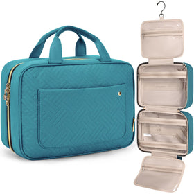 BAGSMART Toiletry Bag teal model front view with hanging hook