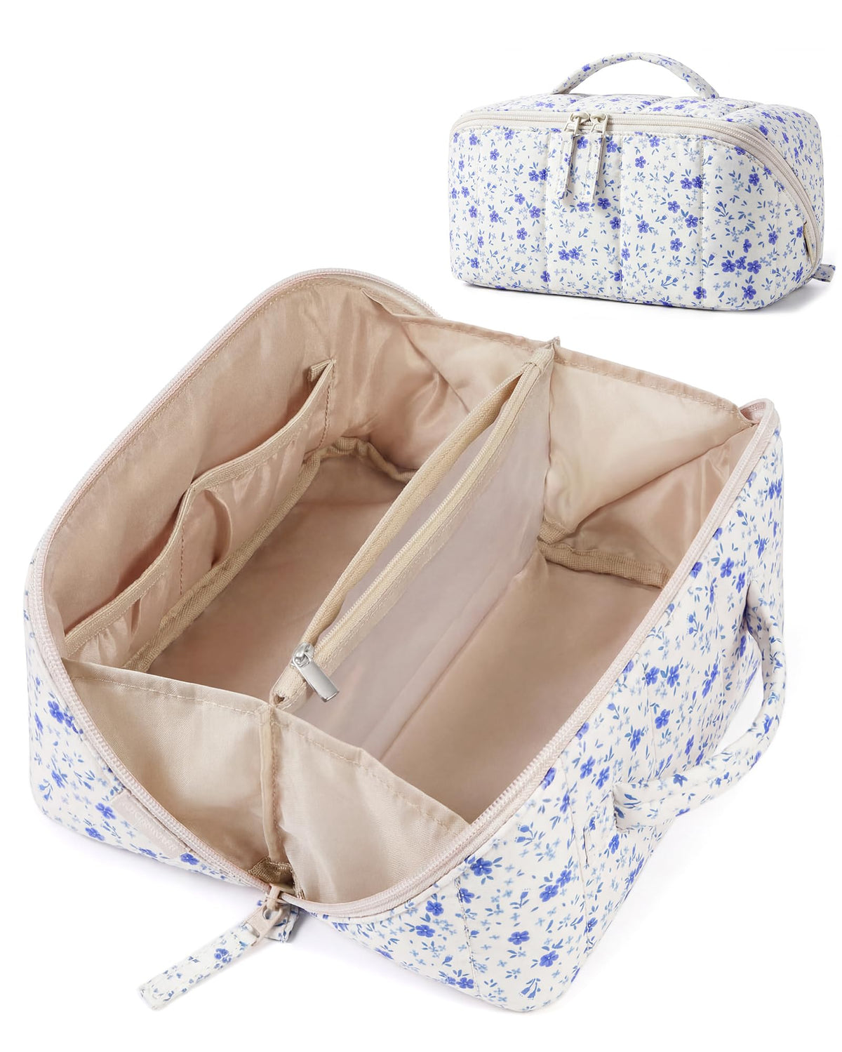 BAGSMART Travel Makeup Bag front view in blue ditsy floral