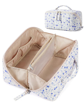 BAGSMART Travel Makeup Bag front view in blue ditsy floral