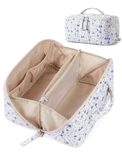 BAGSMART Travel Makeup Bag front view in blue ditsy floral
