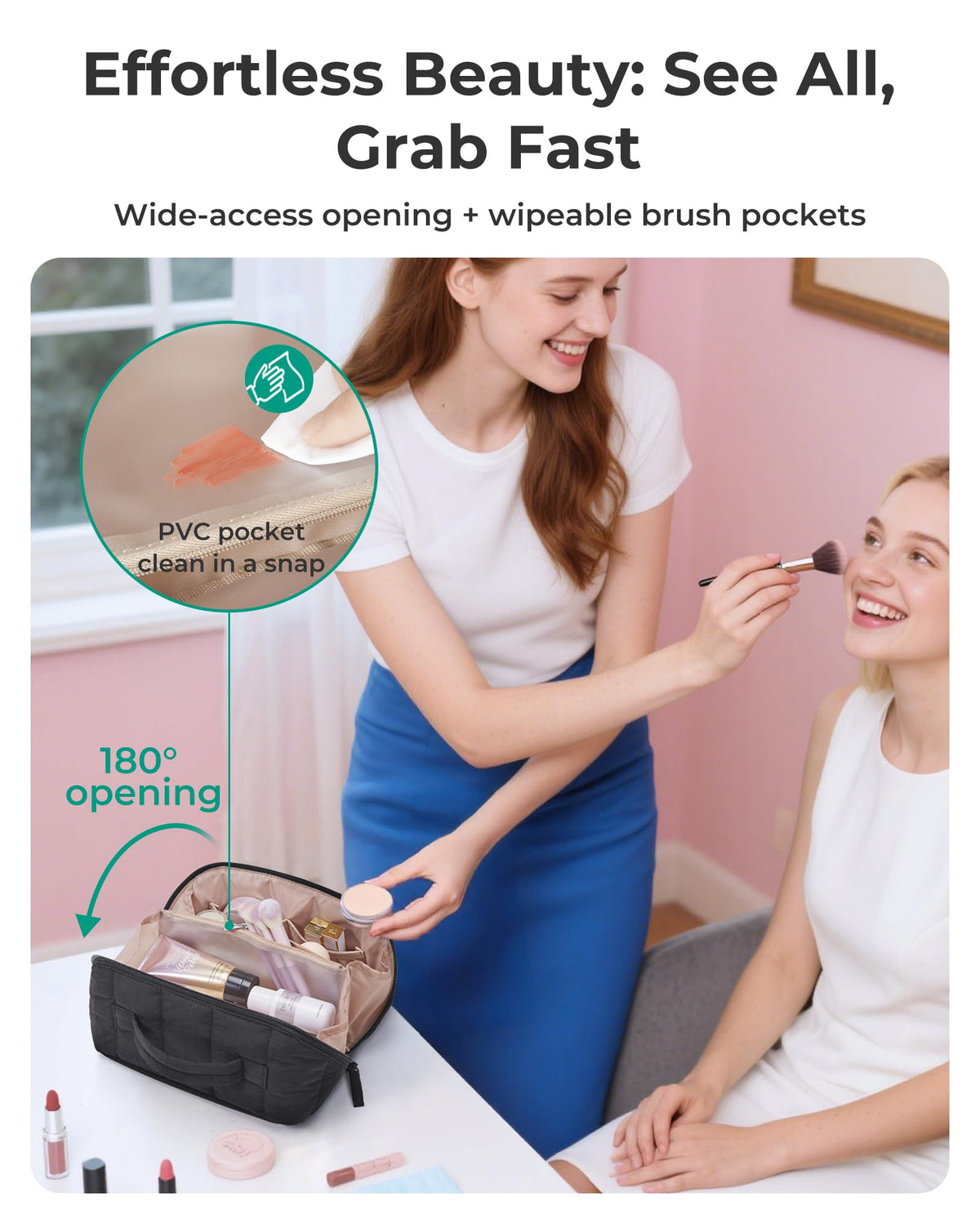 BAGSMART Travel Makeup Bag opened flat showing interior compartments