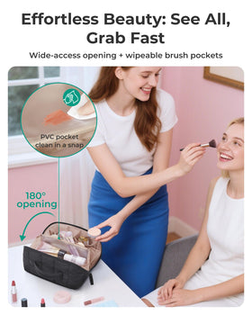 BAGSMART Travel Makeup Bag opened flat showing interior compartments