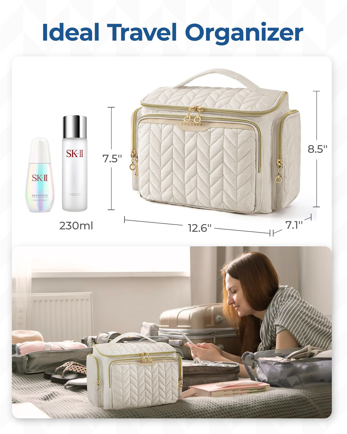 BAGSMART Travel Toiletry Bag beige showing inner mesh pockets