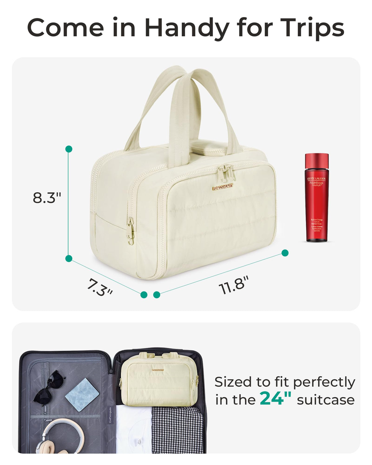 BAGSMART Travel Toiletry Bag beige with zipper pocket