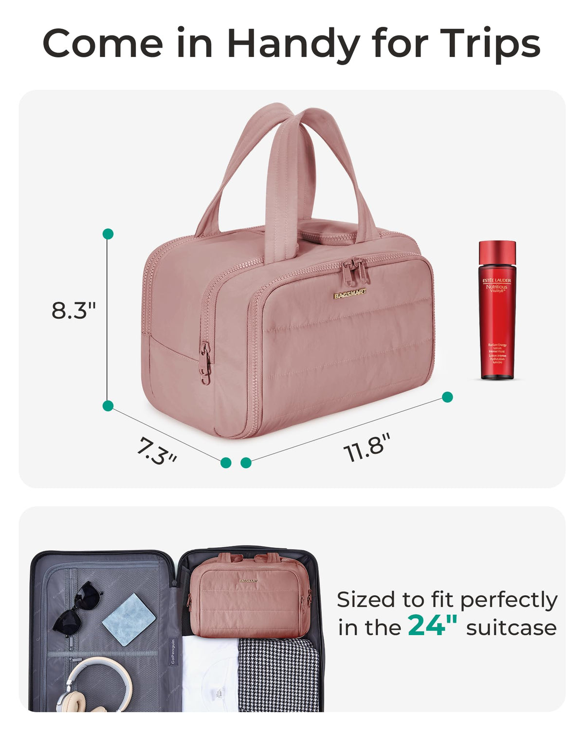 BAGSMART Travel Toiletry Bag dark pink with handle