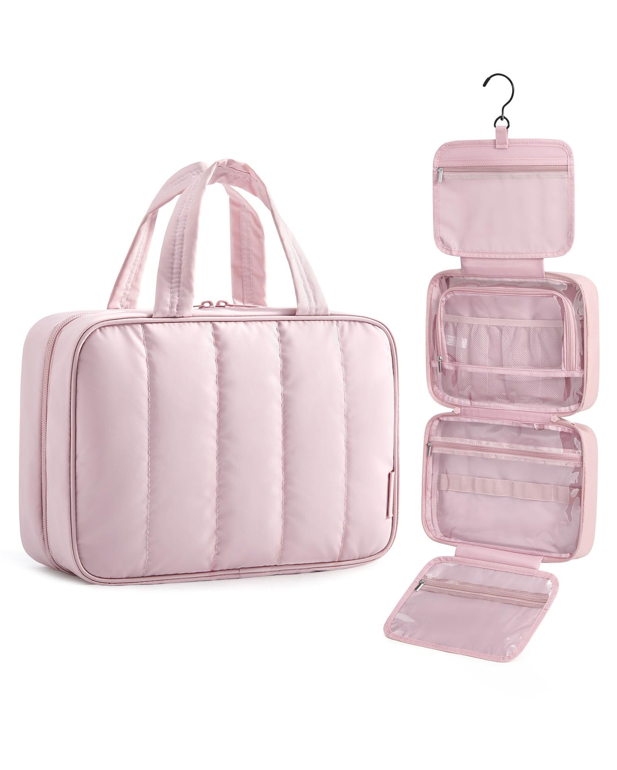 BAGSMART Travel Toiletry Bag in pink front view with compartments open