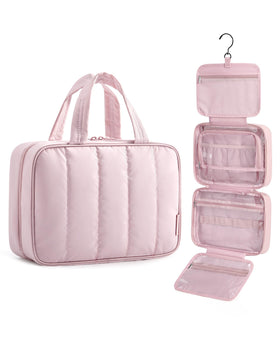 BAGSMART Travel Toiletry Bag in pink front view with compartments open