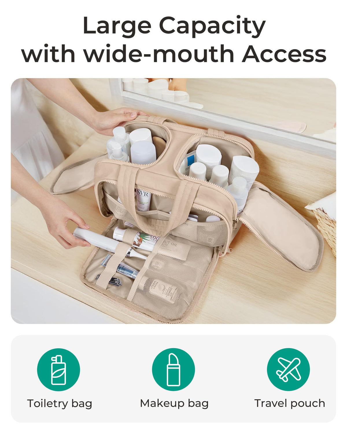 BAGSMART Travel Toiletry Bag lifestyle scene with travel essentials