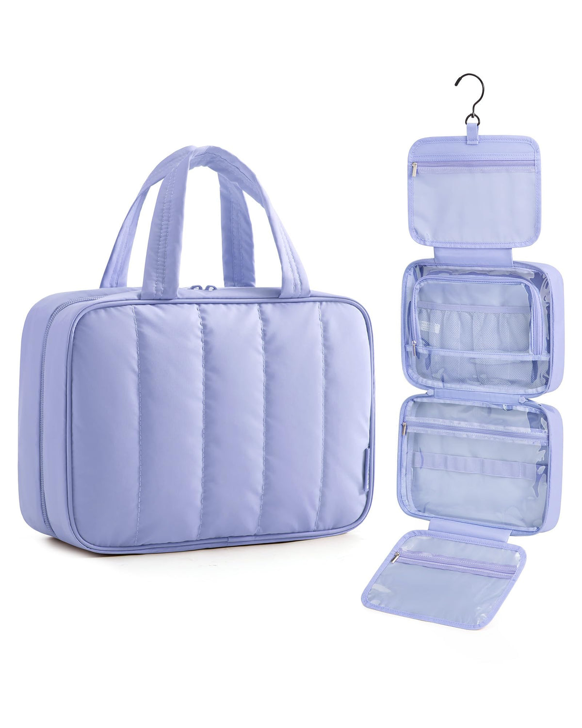 BAGSMART Travel Toiletry Bag purple front view with hanging hook