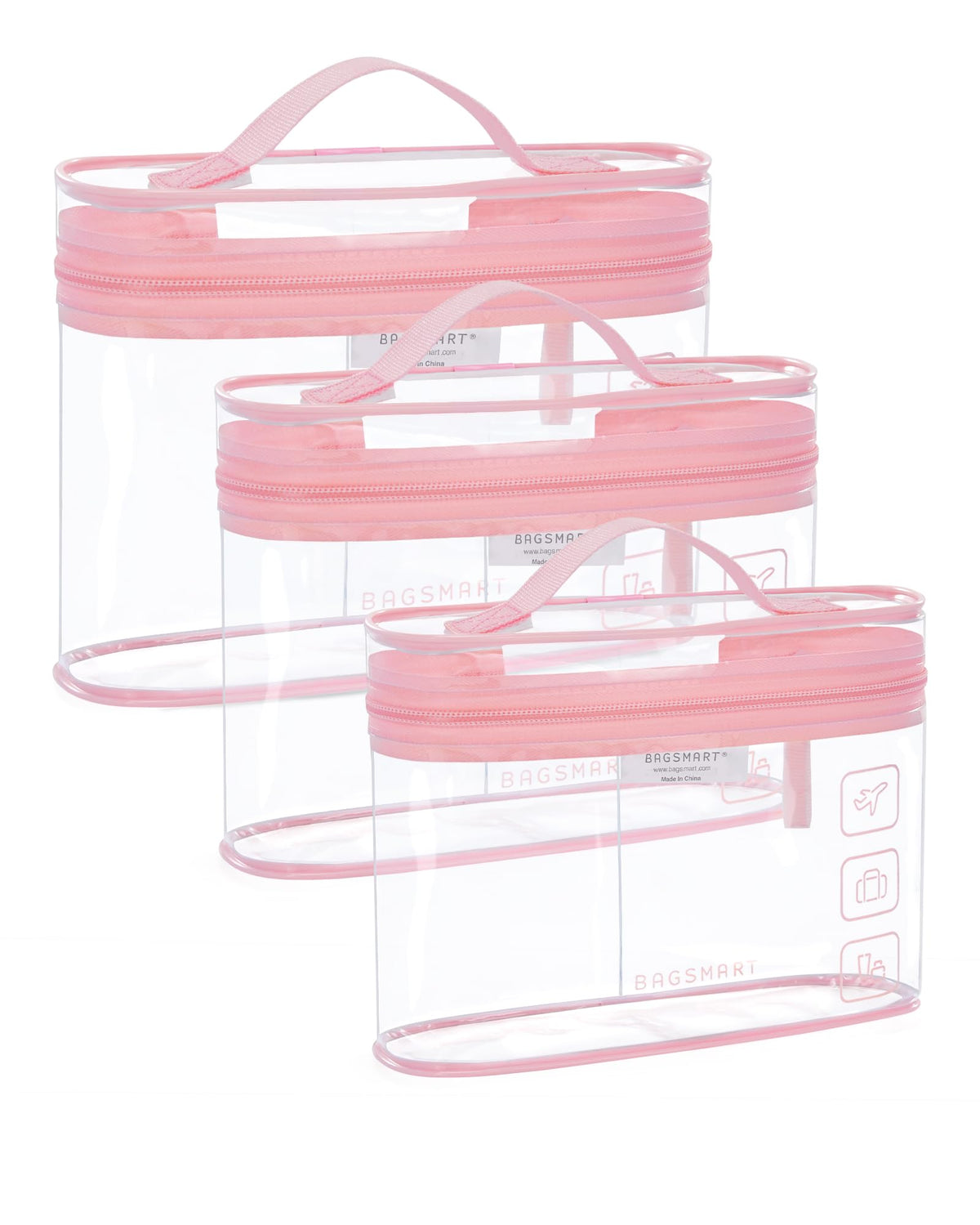 BAGSMART TSA Approved Toiletry Bag Set, three clear bags in pink