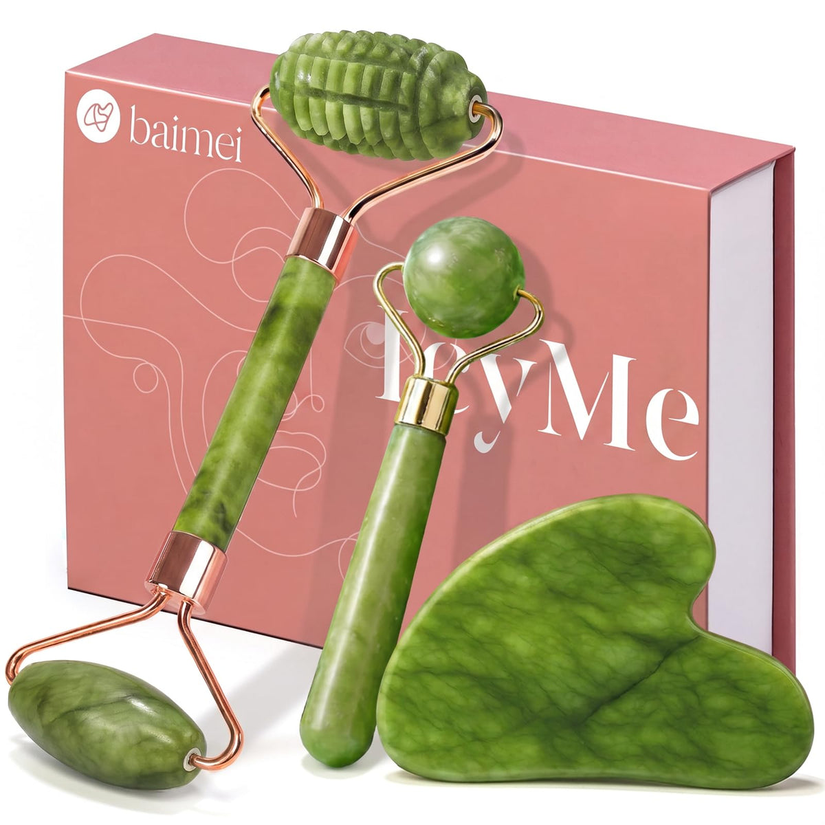 BAIMEI Gua Sha & Jade Face Roller Set with ridge design