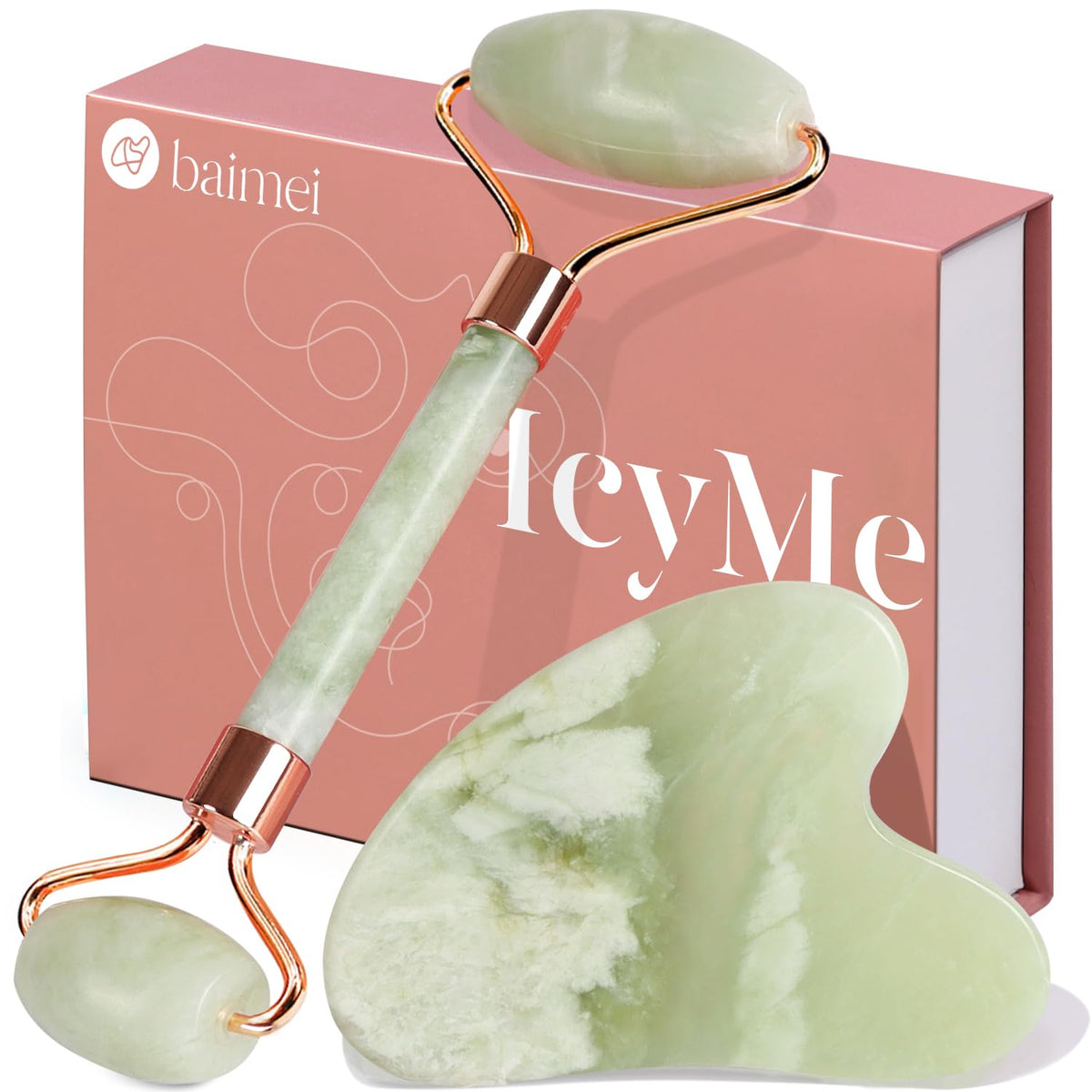 BAIMEI Jade Roller front view with smooth jade stone