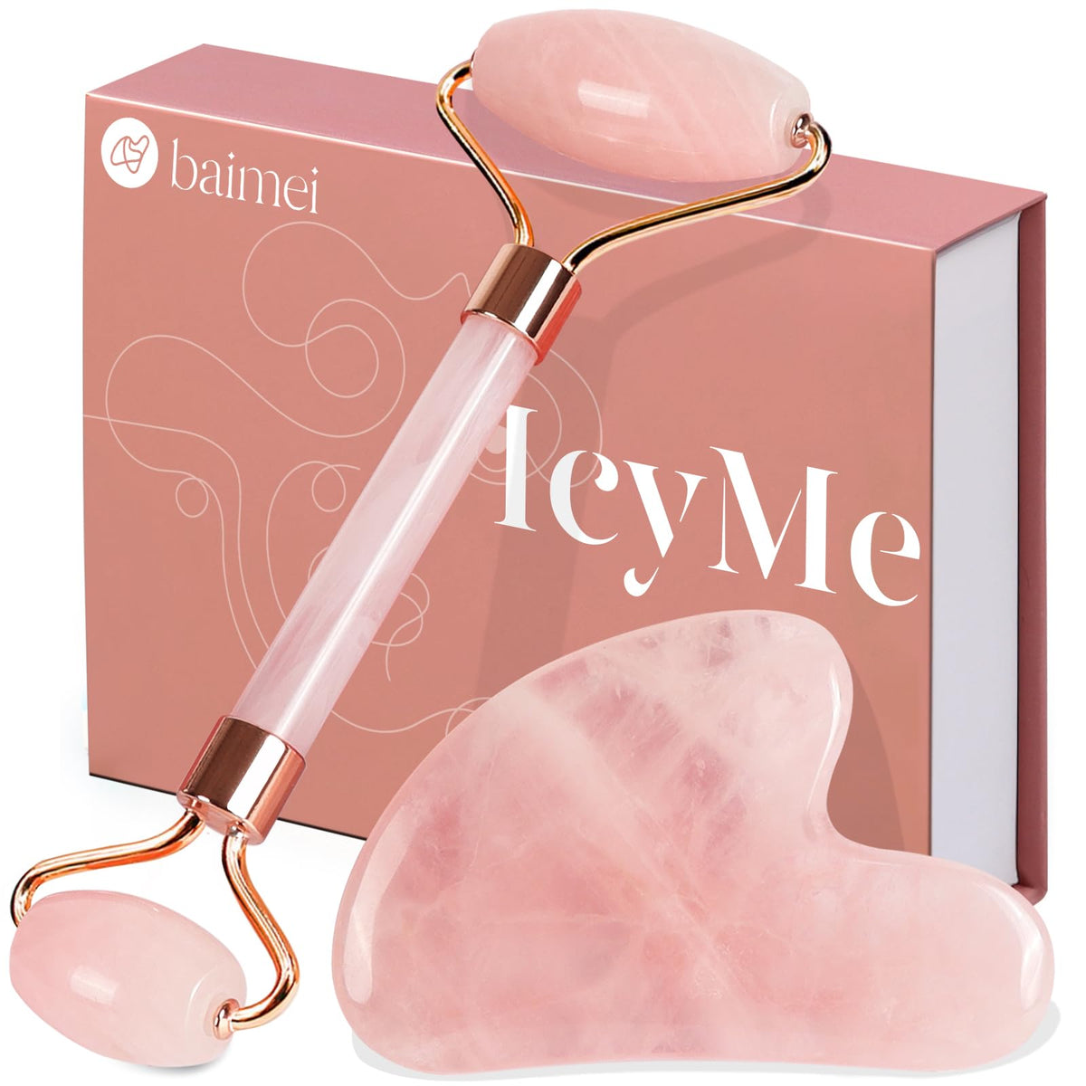 BAIMEI Rose Quartz Roller front view with handle