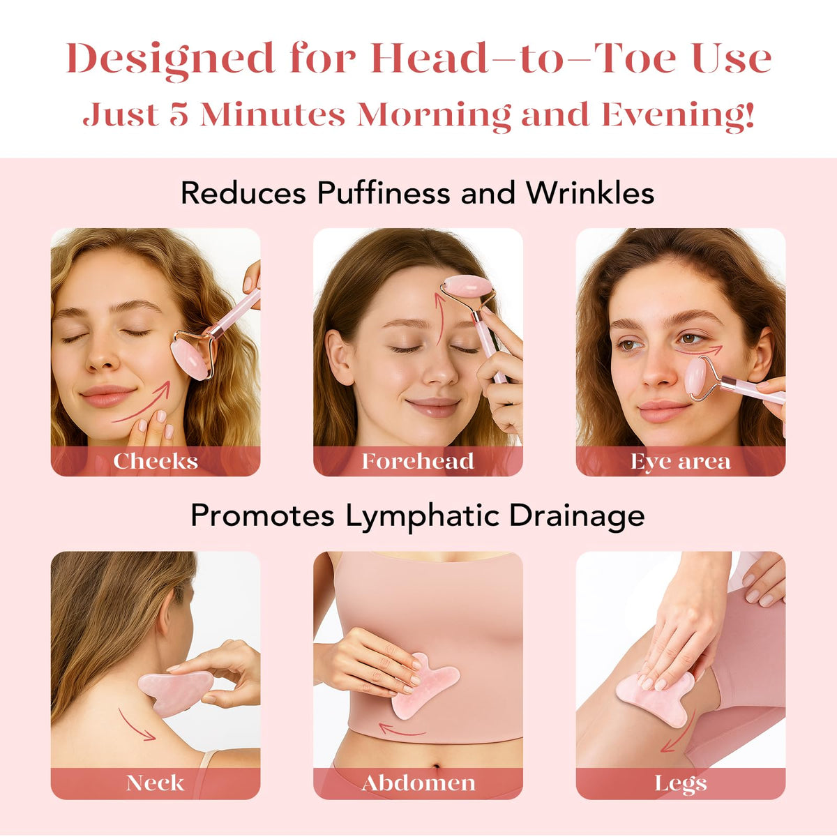 BAIMEI Rose Quartz Roller in use on a model's face