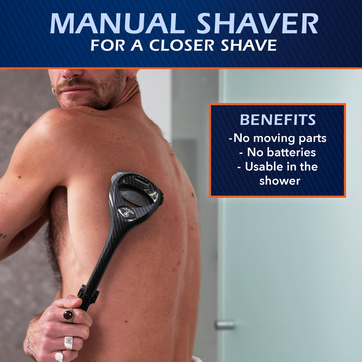 BAKBLADE 2.0 Back Shaver showing waterproof blade technology