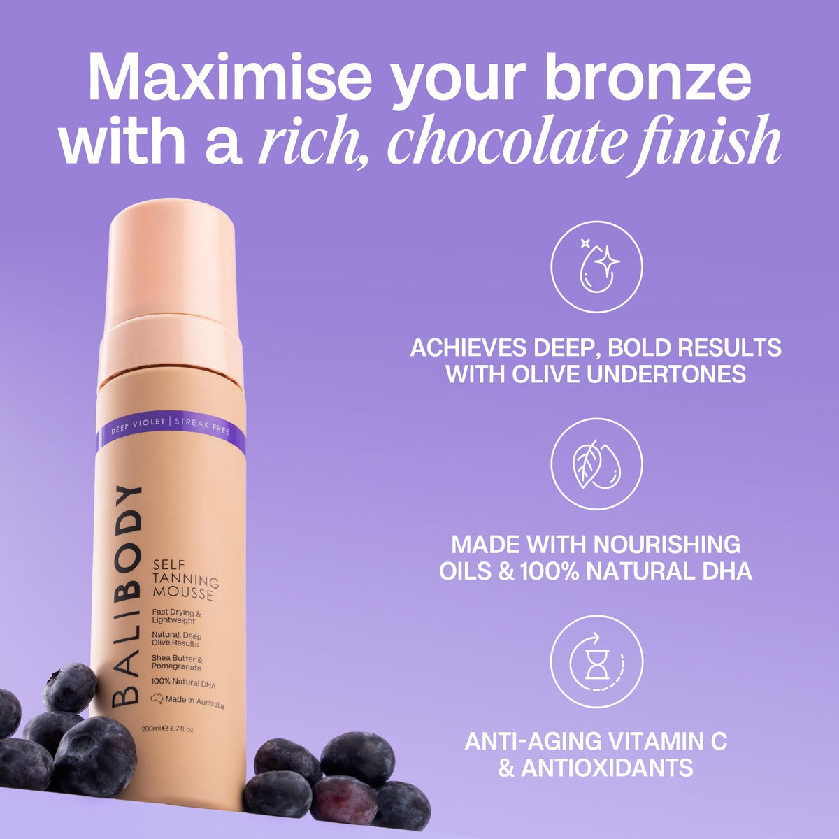 BALI BODY Deep Violet Self Tanning Mousse packaging details