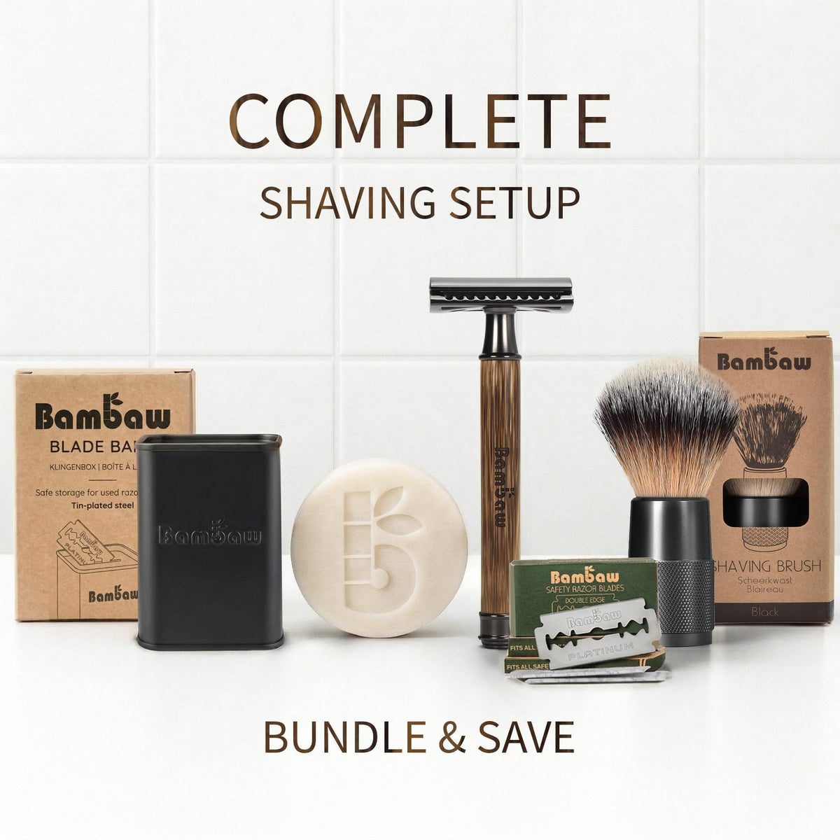 Bambaw bamboo razor displayed on a bathroom counter