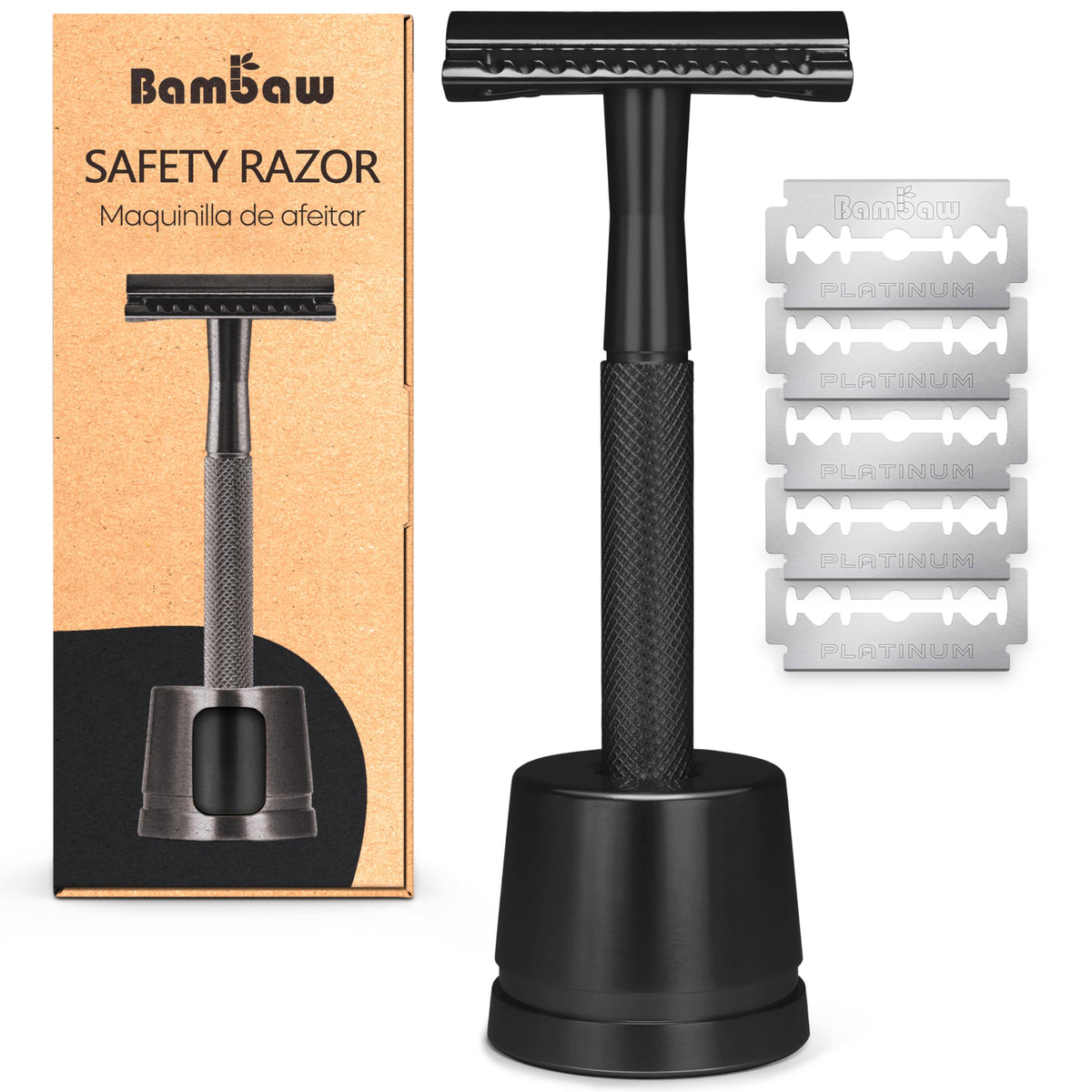 Bambaw Double Edge Safety Razor black model front view with stand