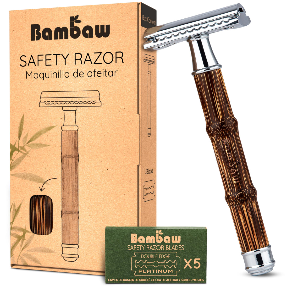 Bambaw Double Edge Safety Razor front view with bamboo handle