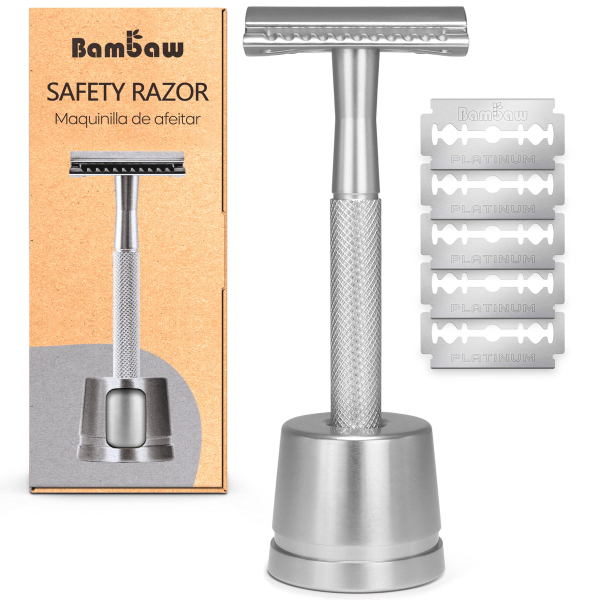 Bambaw Double Edge Safety Razor front view with stand