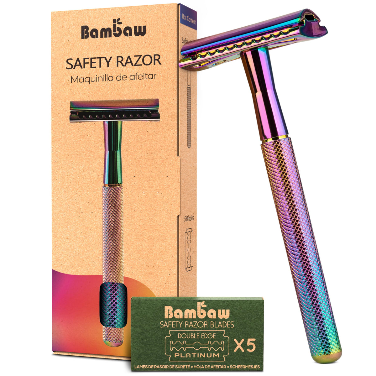 Bambaw Double Edge Safety Razor in rainbow colour front view
