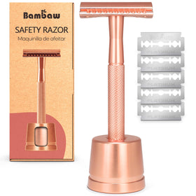 Bambaw Double Edge Safety Razor in rose gold with stand