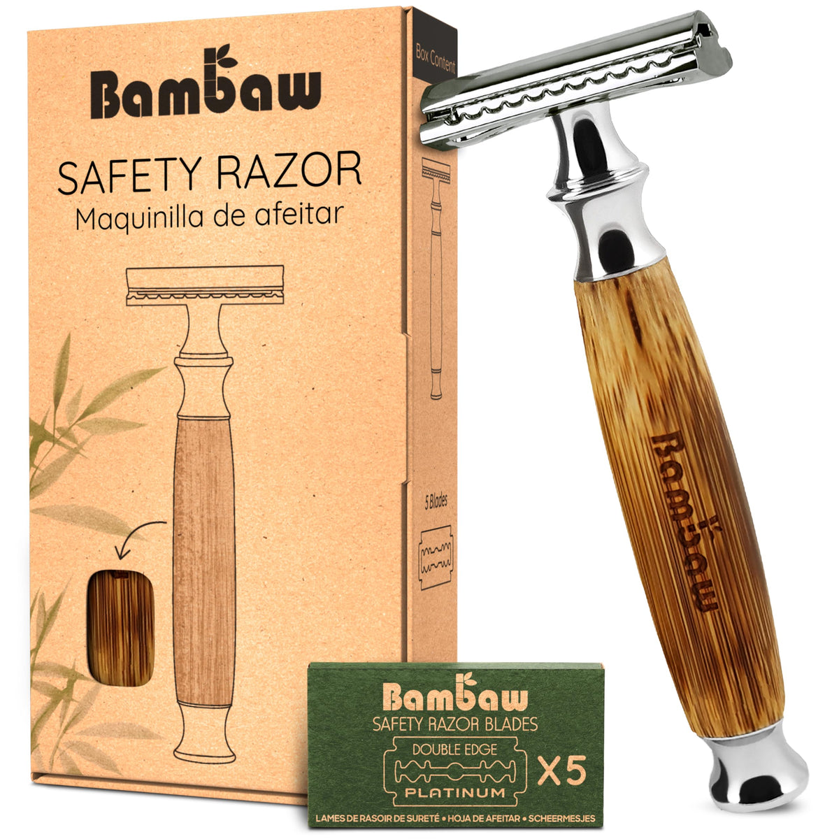 Bambaw Double Edge Safety Razor with bamboo handle and silver accents