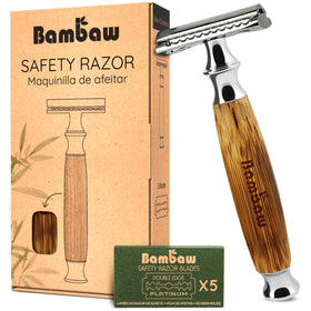 Bambaw Double Edge Safety Razor with bamboo handle and silver accents