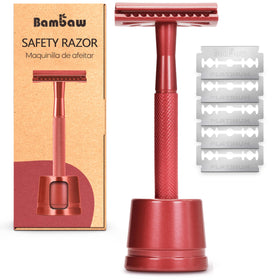 Bambaw Double Edge Safety Razor with Stand in red