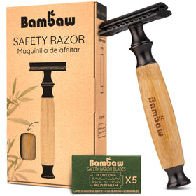 Bambaw safety razor front view with bamboo handle