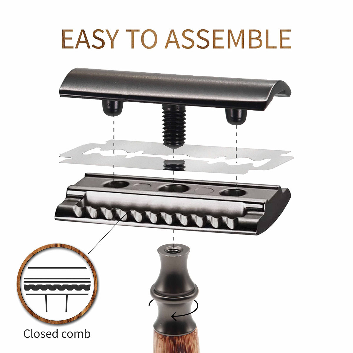 Bambaw safety razor side view showing stainless steel parts