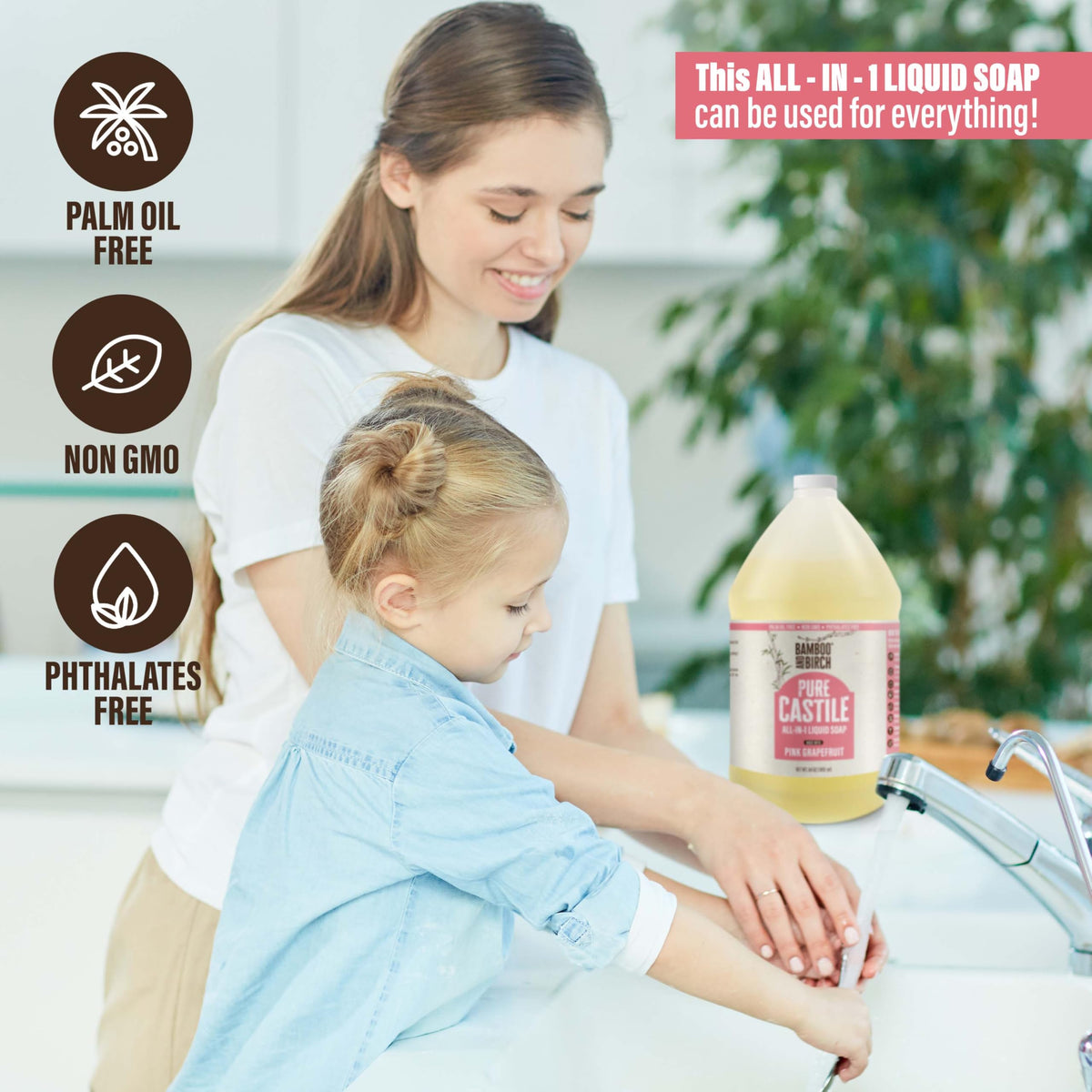 Bamboo and Birch Pure Castile Soap Liquid Citrus Grapefruit in bathroom setting