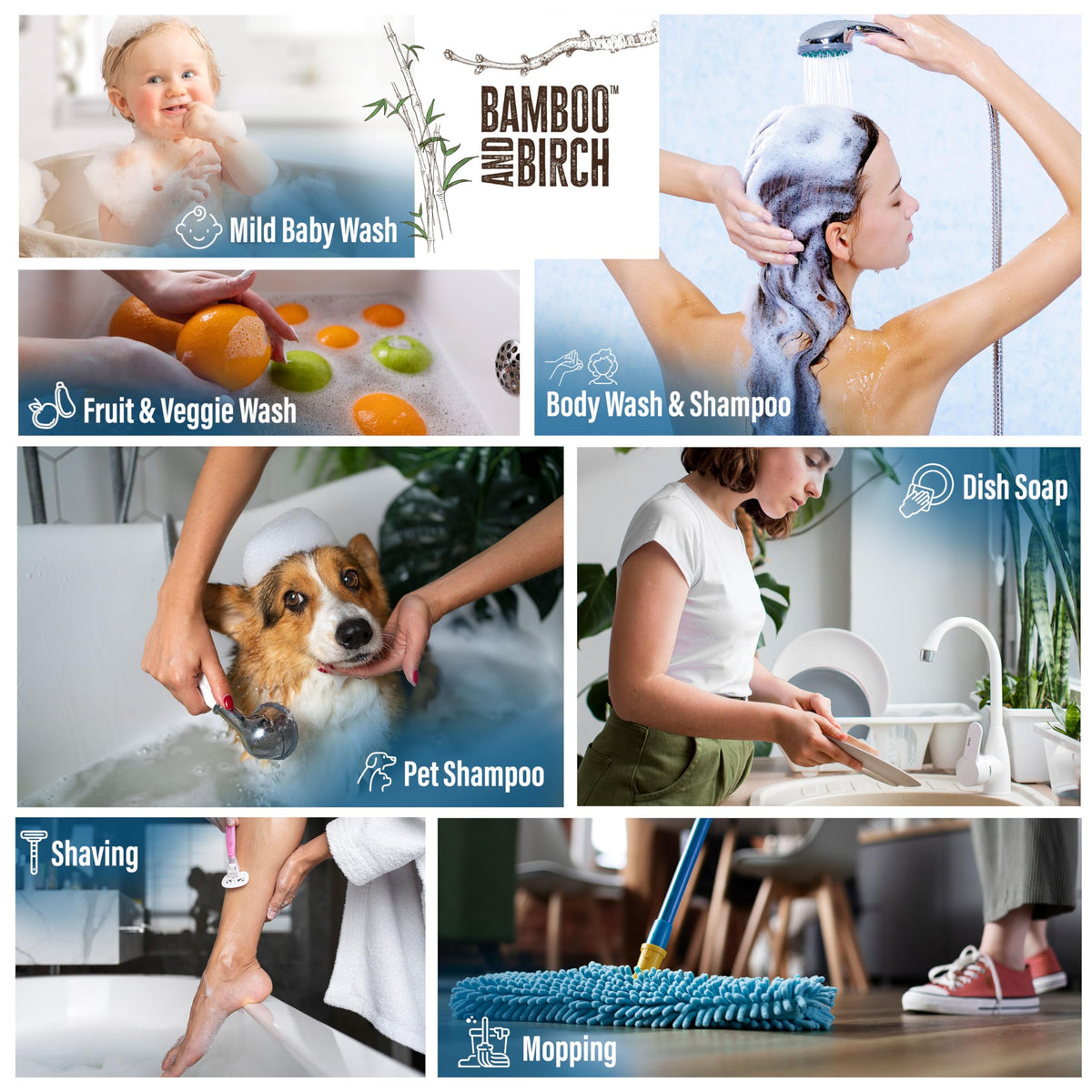 BAMBOO AND BIRCH Pure Castile Soap Liquid in-use for washing hands