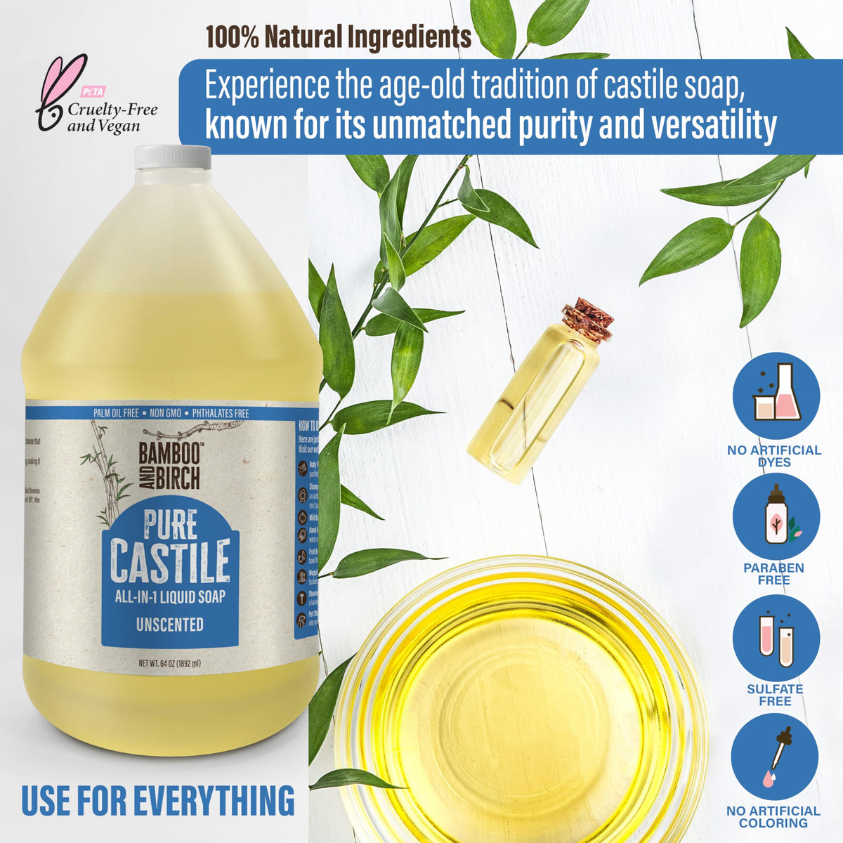 BAMBOO AND BIRCH Pure Castile Soap Liquid pouring into a dish