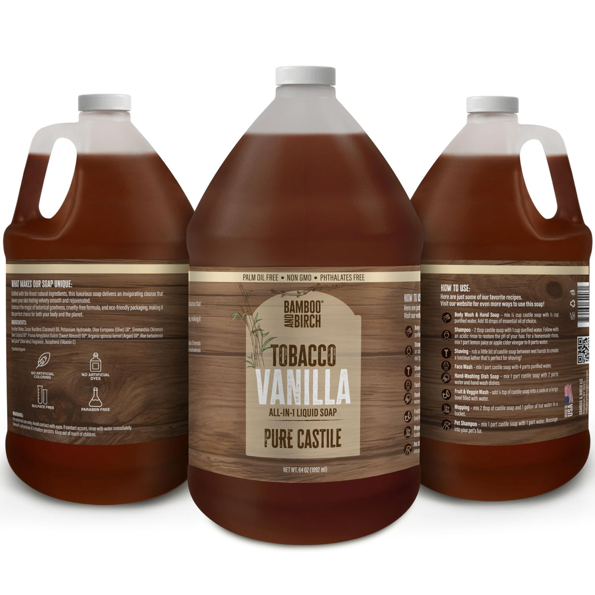 BAMBOO AND BIRCH Pure Castile Soap Liquid Tobacco Vanilla bottle side view